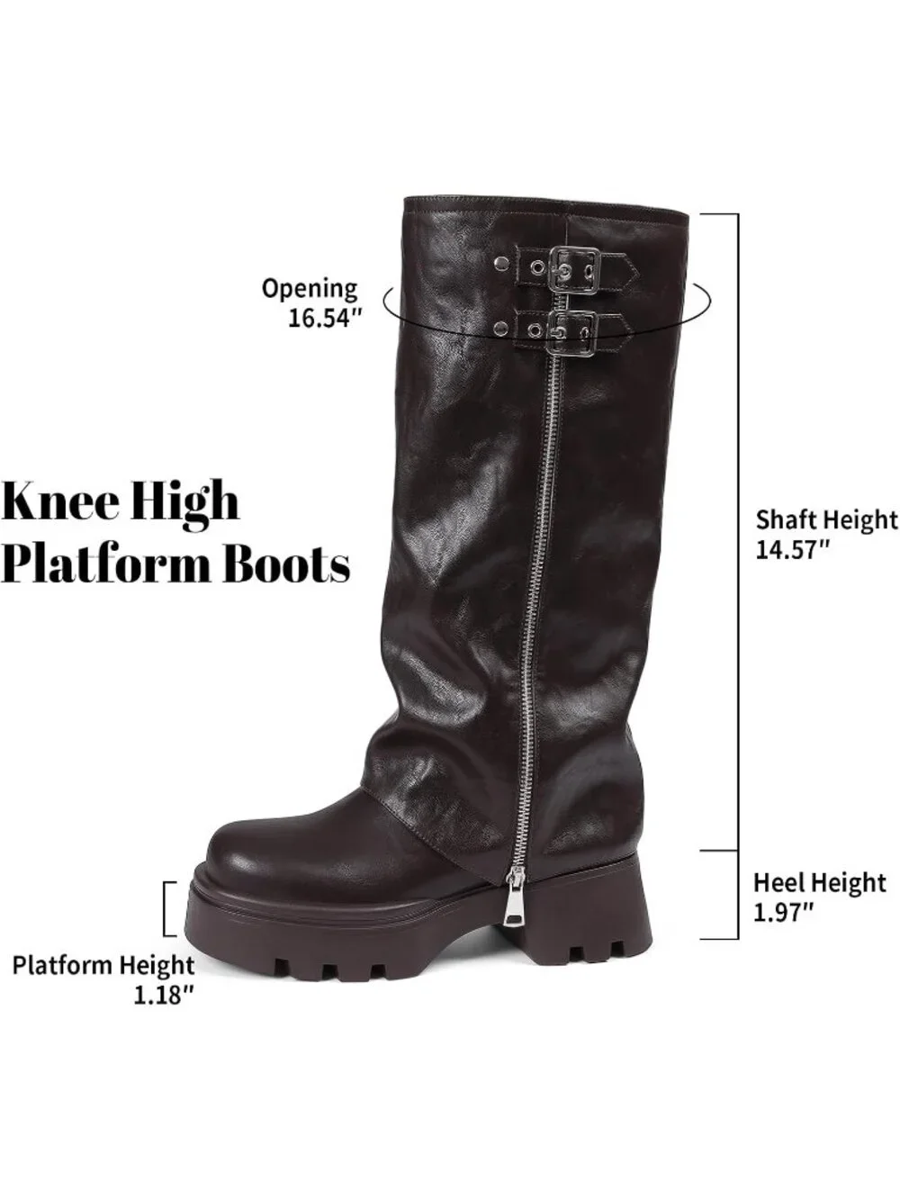 Women's Brown Round Toe Chunky Heel Side Zipper Knee High Combat Riding Boots